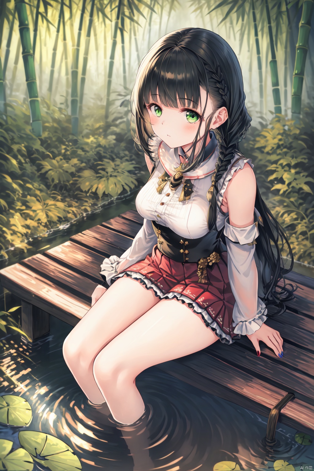  (masterpiece),(best quality),1girl, solo, green eyes, sitting, water, long hair, braid, outdoors, red skirt, feet out of frame, frills, skirt, detached sleeves, looking at viewer, nature, black hair, bangs, day, bamboo, nail polish, closed mouth, soaking feet, plant, bamboo forest, long sleeves, forest, wide sleeves, blush, breasts, leaf, lily pad, thighs, high-waist skirt, white sleeves