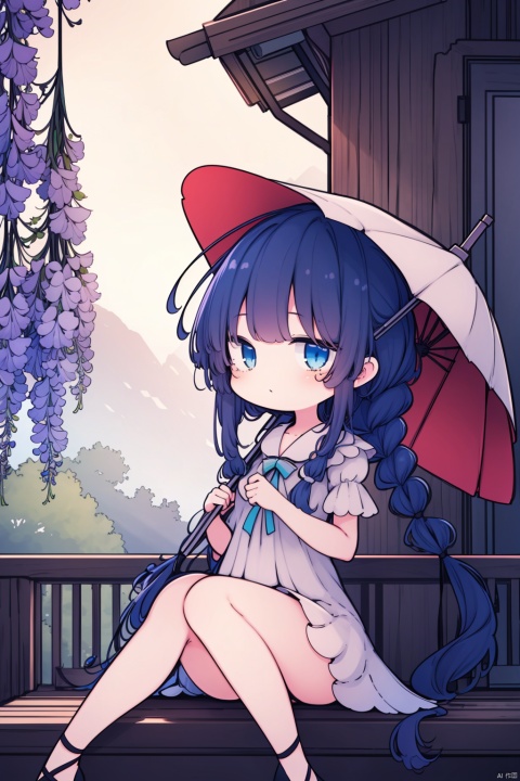  (best quality),(masterpiece),1girl, solo, long hair, blue eyes, wisteria, flower, cat, umbrella, dress, braid, sitting, bird, twin braids, very long hair, hat, looking at viewer, scenery, holding
