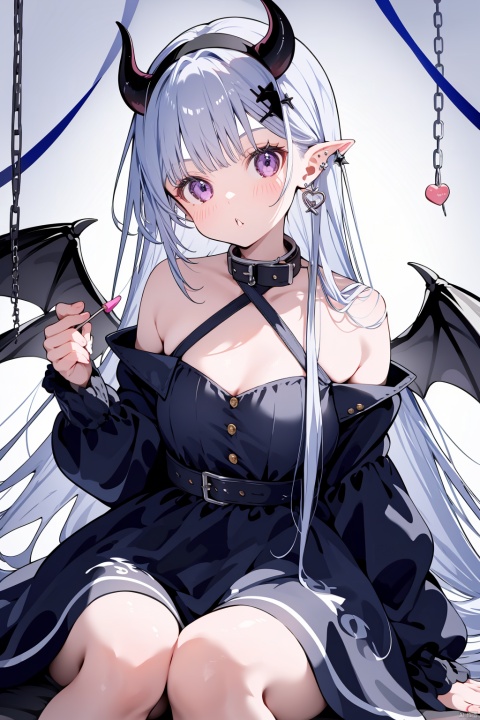 1girl, food, horns, candy, lollipop, solo, chain, long_hair, pointy_ears, wings, holding_candy, holding_lollipop, piercing, breasts, demon_horns, sitting, very_long_hair, holding_food, demon_wings, tail, holding, dress, bare_shoulders, looking_at_viewer, grey_hair, ear_piercing, blurry_foreground, long_sleeves, bug, hairband, collar, hair_ornament, bangs
