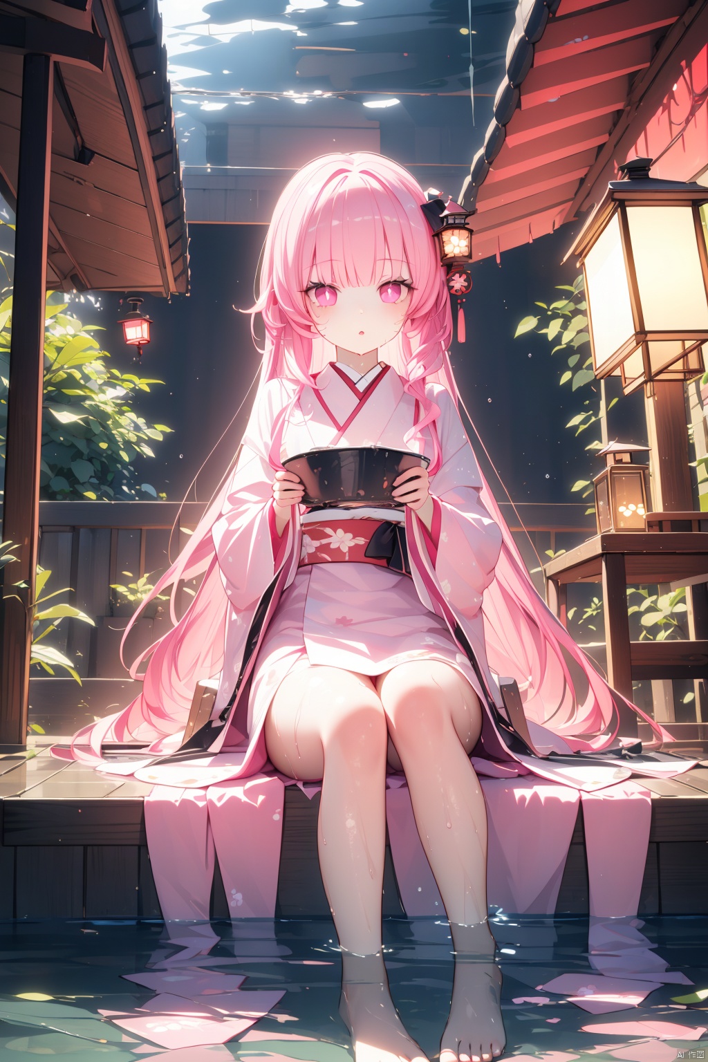 1girl, long hair, solo, pink hair, looking at viewer, lantern, water, bangs, sitting, long sleeves, wet, holding lantern, barefoot, very long hair, pink eyes, in water, japanese clothes