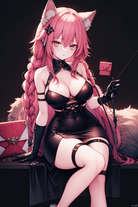  (masterpiece),(best quality),1girl, solo, breasts, animal ears, red skirt, holding, pink hair, long hair, looking at viewer, pink eyes, skirt, black background, braid, cleavage, wolf ears, hair ornament, very long hair, envelope, black gloves, simple background, gloves, holding envelope, crossbow, extra ears, weapon, large breasts, thigh strap, wolf girl, feet out of frame, hand up, bare shoulders, high-waist skirt, medium breasts, hair between eyes, thighs