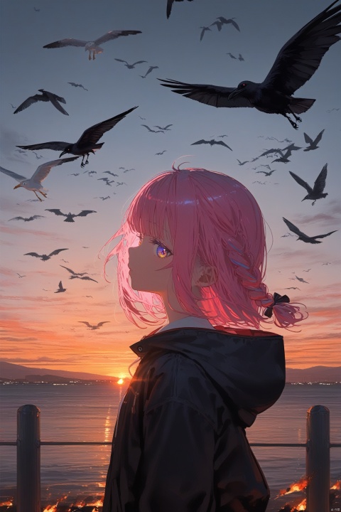  1girl, virtual youtuber, solo, best quality, aesthetic, looking at viewer, multicolored eyes, yellow pupils, pink hair, braid, hooded jacket, hood down, long sleeves, outdoors, sunset, film grain, orange sky, seagull, twilight, flock, gradient sky, red sky, evening, crow, cloudy sky, animal, profile, dusk, bat, fire, airplane, silhouette