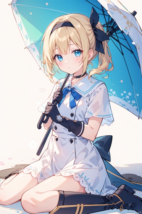  (best quality),(masterpiece),1girl, solo, ribbon, choker, blonde_hair, umbrella, side_ponytail, hairband, blue_eyes, single_glove, sitting, hair_ribbon, short_hair, black_choker, dress, gloves, wariza, blush, white_background, closed_umbrella, looking_at_viewer, boots, white_dress