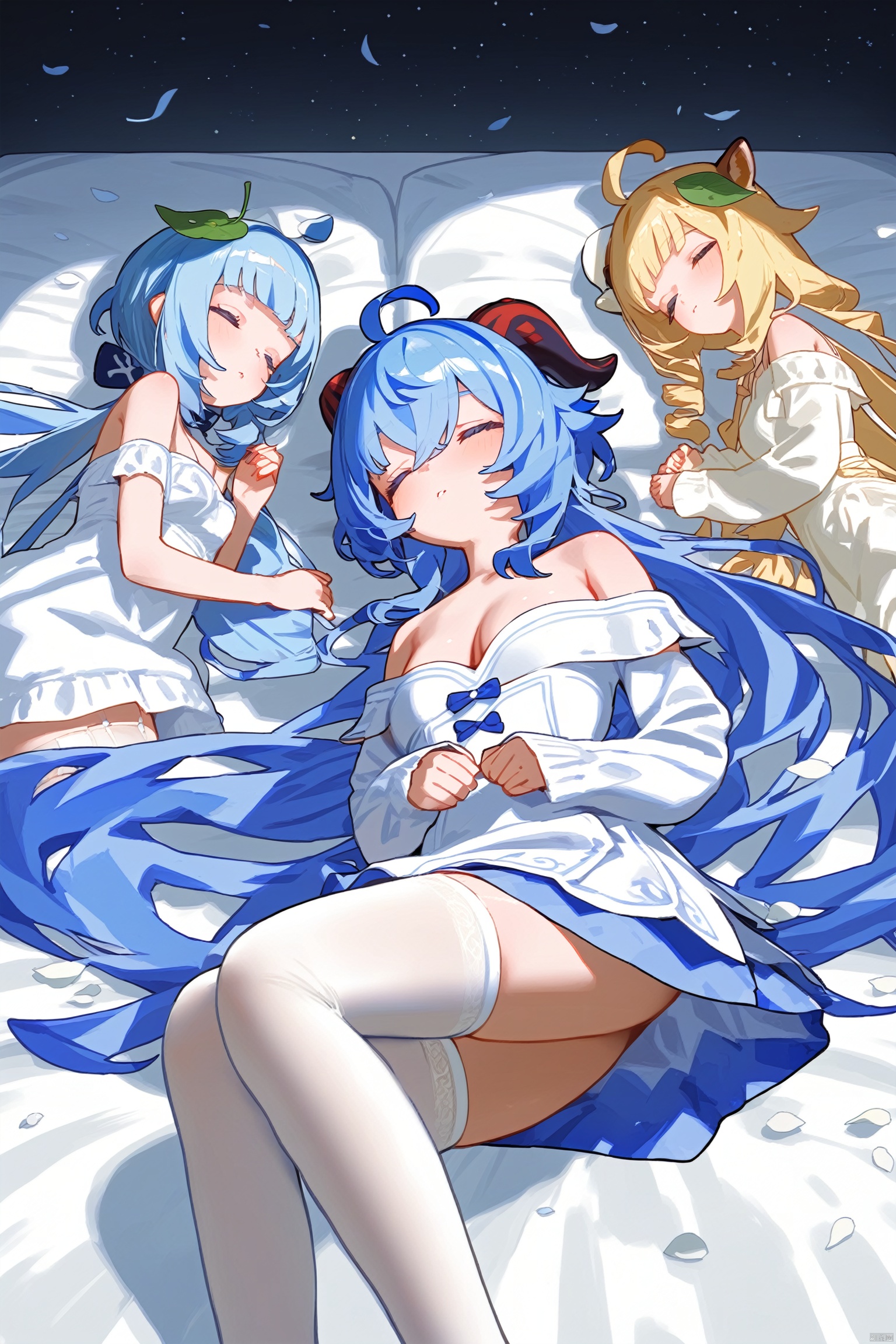sleeping, blue_hair, multiple_girls, 3girls, closed_eyes, horns, long_hair, ganyu_(genshin_impact), breasts, thighhighs, ahoge, white_dress, bangs, dress, lying, leaf_on_head, very_long_hair, petals, bare_shoulders, cleavage, leaf, on_back, on_side, parted_lips, long_sleeves, bed_sheet, white_headwear, medium_breasts, white_thighhighs, drill_hair, sidelocks, short_hair, blunt_bangs, hair_between_eyes, pillow, closed_mouth, zettai_ryouiki, off_shoulder, frills, large_breasts, animal_ears, raccoon_ears, feet_out_of_frame, blush, on_bed, strap_slip, twintails, pointy_ears, off-shoulder_dress, hat