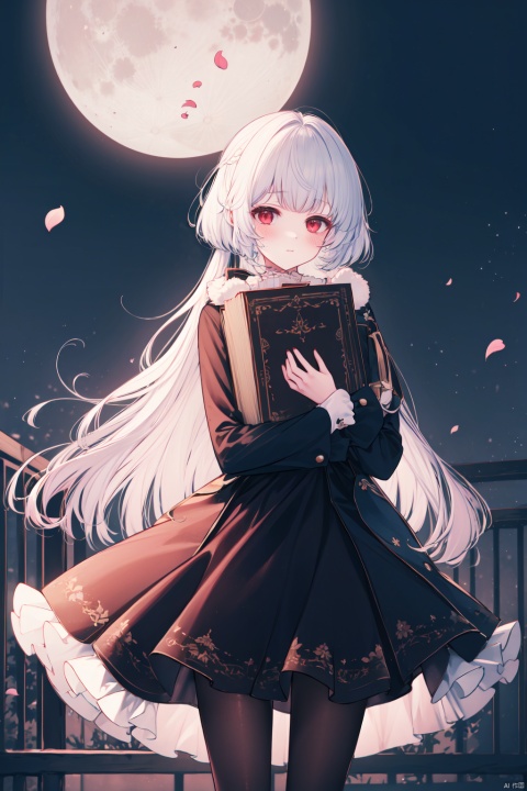  (masterpiece),(best quality),1girl, solo, red eyes, pantyhose, moon, holding, holding book, book, long hair, sky, white hair, outdoors, looking at viewer, long sleeves, full moon, blush, frills, petals, bangs, dress, black pantyhose, standing, fence, white dress, night, flower, cowboy shot, closed mouth