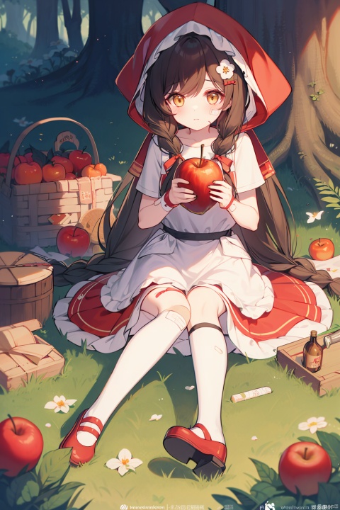  (best quality),(masterpiece),1girl, braid, solo, knife, flower, tree, bottle, sitting, long_hair, twin_braids, basket, brown_hair, bird, rose, hood, bow, little_red_riding_hood_\(grimm\), socks, mushroom, very_long_hair, nature, white_socks, food, red_flower, shoes, yellow_eyes, outdoors, apron, watermark, hair_ornament, red_footwear, hair_bow, white_apron, looking_at_viewer, forest, bandaid, bandaid_on_leg, yellow_bow, apple, wine_bottle, mary_janes, fruit, red_rose, dress, brown_eyes