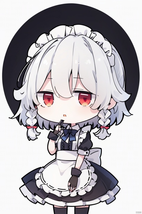  1girl, maid headdress, maid apron, izayoi sakuya, solo, best quality, detailed, black background, simple background, cowboy shot, looking at viewer, standing, holding knife, parted lips, red eyes, hair between eyes, white hair, short hair, silver hair, twin braids, bangs, medium breasts, fingerless gloves, black gloves, fishnet thighhighs, black dress, white apron, waist apron, frilled apron, petticoat, puffy short sleeves, black belt, wing collar, fingernails, red nails, nail polish, hand up, wrist cuffs, bow, buckle