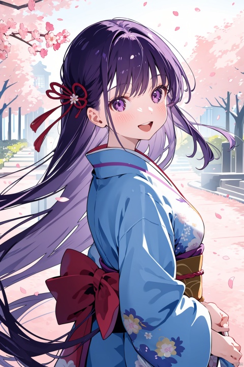 1girl, solo, japanese clothes, long hair, kimono, purple eyes, smile, open mouth, ribbon, looking at viewer, hair ribbon, cherry blossoms, floral print, breasts, pink kimono, arms behind back, hair between eyes, very long hair, purple hair, :d, bangs, obi, sash, wide sleeves, print kimono, red ribbon, long sleeves, blurry, depth of field, looking back, looking to the side, blush, purple kimono, outdoors, medium breasts, petals