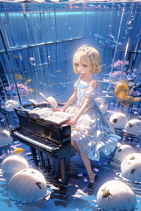 1girl, balloon, blonde hair, solo, sitting, bubble, short hair, book, blue theme, piano, dress, hairband, scenery, short sleeves, skirt, instrument, shoes, underwater, water, open book