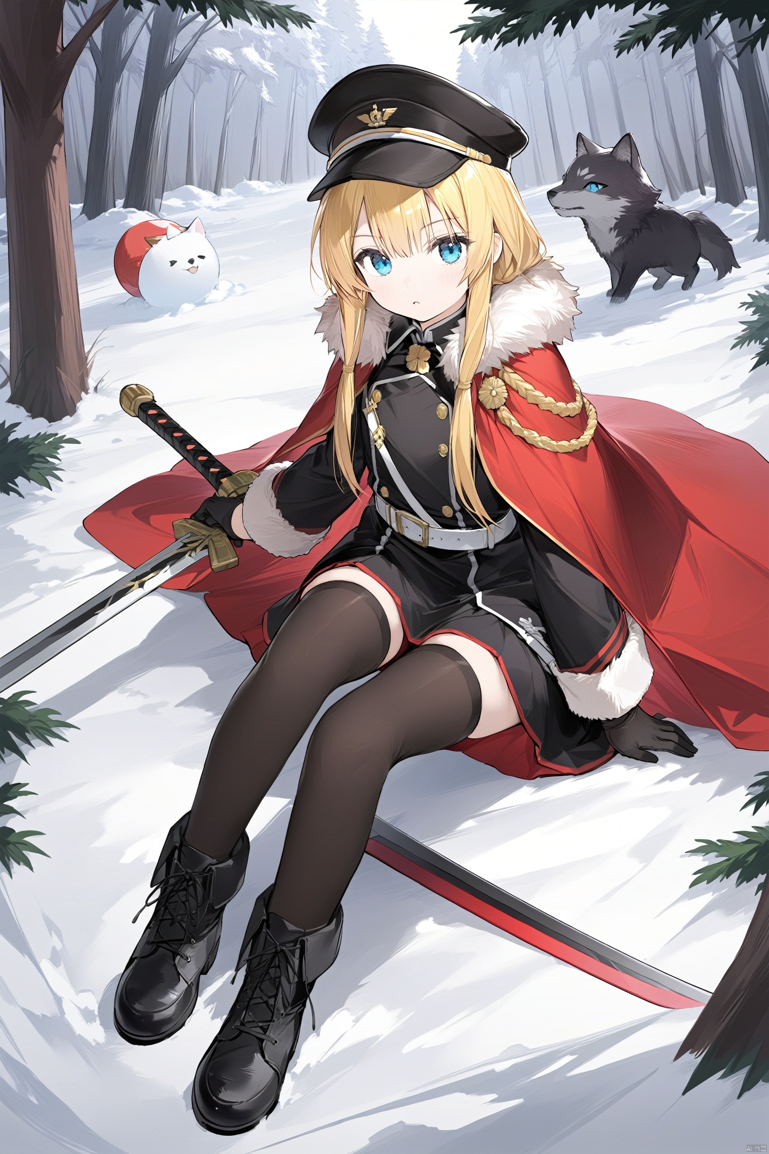 1girl, weapon, sword, blonde_hair, blue_eyes, hat, wolf, military_uniform, black_gloves, gloves, uniform, boots, snow, long_hair, military_hat, military, sitting, outdoors, looking_at_viewer, cape, holding_weapon, holding, black_footwear, holding_sword, solo, belt, black_headwear, garter_straps, nature, peaked_cap, tree, forest, pantyhose, bismarck_\(azur_lane\), long_sleeves, thighhighs, planted_sword, fur_trim, red_cape