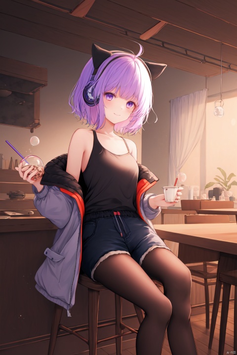  (masterpiece),(best quality),1girl, solo, purple eyes, headphones, sitting, holding, cup, looking at viewer, jacket, short hair, bare shoulders, fake animal ears, pantyhose, drinking straw, table, chair, off shoulder, book, closed mouth, shorts, sleeveless, smile, lantern, holding cup, indoors, bubble tea, open jacket, bangs