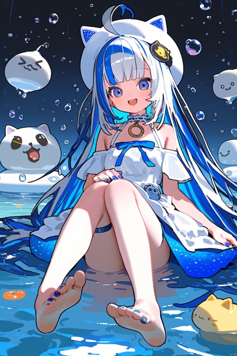1girl, barefoot, blue_eyes, blue_nails, nail_polish, feet, dress, smile, cat, toes, long_hair, blue_hair, toenail_polish, white_dress, looking_at_viewer, sitting, breasts, toenails, white_hair, multicolored_hair, open_mouth, bangs, :d, solo, legs, hat, thigh_strap, water, bare_legs, ahoge, bubble, white_headwear, soles, bare_shoulders