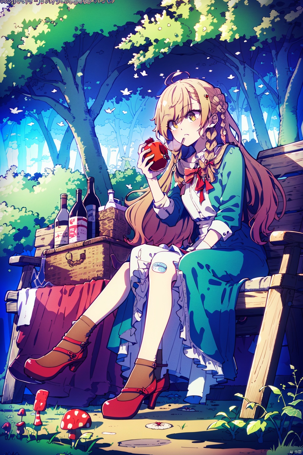  (best quality),(masterpiece),1girl, braid, solo, knife, flower, tree, bottle, sitting, long_hair, twin_braids, basket, brown_hair, bird, rose, hood, bow, little_red_riding_hood_\(grimm\), socks, mushroom, very_long_hair, nature, white_socks, food, red_flower, shoes, yellow_eyes, outdoors, apron, watermark, hair_ornament, red_footwear, hair_bow, white_apron, looking_at_viewer, forest, bandaid, bandaid_on_leg, yellow_bow, apple, wine_bottle, mary_janes, fruit, red_rose, dress, brown_eyes