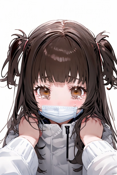  1girl, mayuzumi fuyuko, solo focus, best quality, messy hair, white background, simple background, upper body, looking at viewer, crying with eyes open, blush, brown eyes, black hair, long hair, two side up, blunt bangs, surgical mask, mask pull, white mask, long sleeves, fur trim, tearing up, pov hands