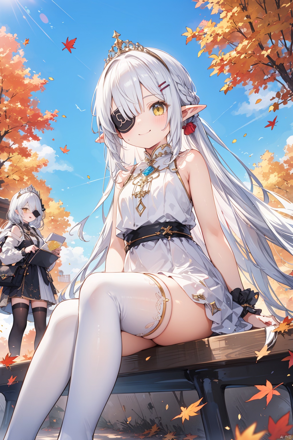 dress, thighhighs, white dress, eyepatch, smile, outdoors, white thighhighs, bag, long hair, wrist scrunchie, weibo username, pointy ears, blue sky, yellow eyes, looking at viewer, multiple girls, hair ornament, leaf, weibo logo, day, falling leaves, sky, scrunchie, sleeveless dress, bare shoulders, sleeveless, hairclip, solo focus, 3girls, autumn leaves, tiara, wrist cuffs, blush, very long hair, one eye covered, standing, feet out of frame, white hair