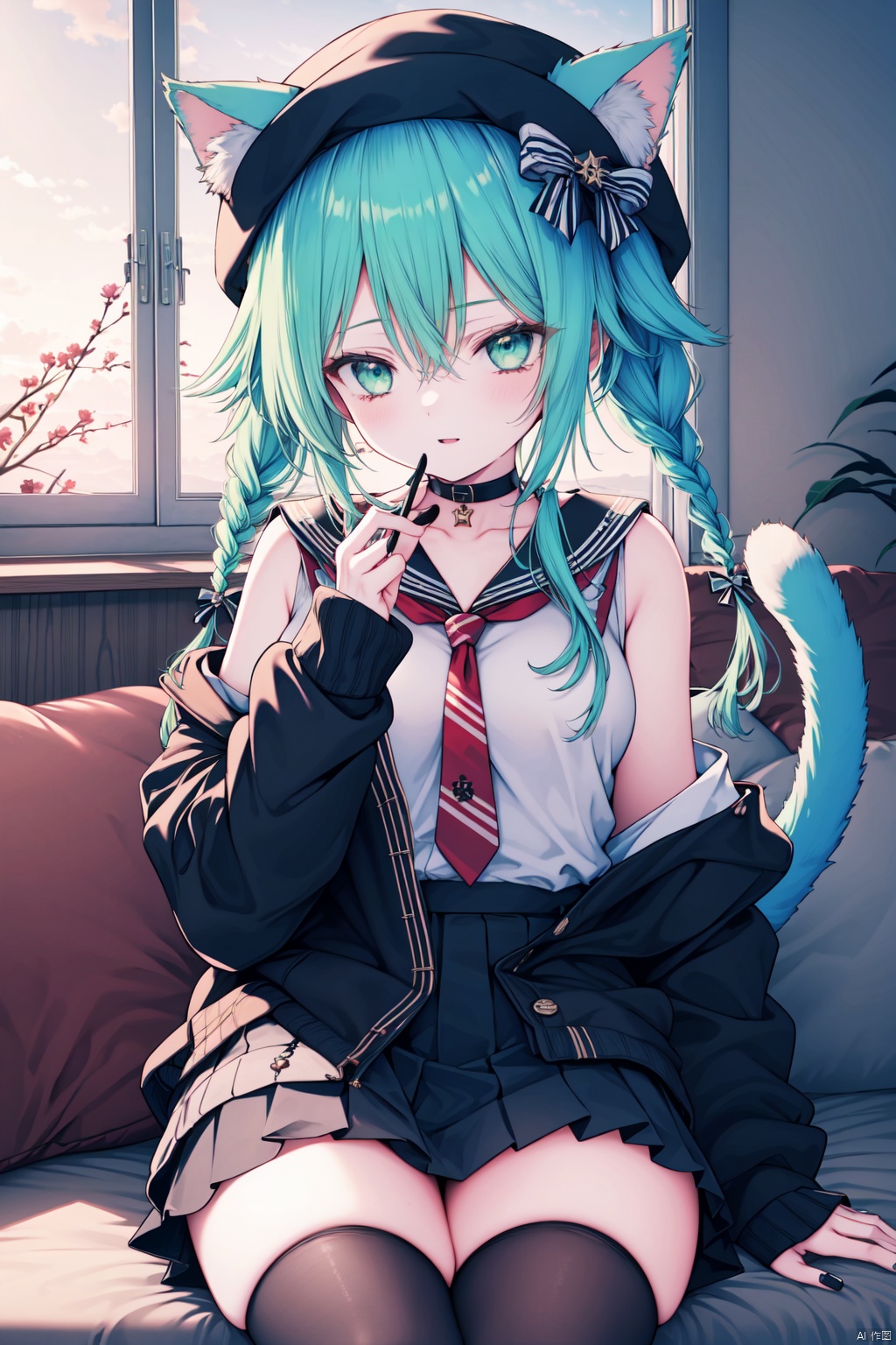  (masterpiece),(best quality),1girl, animal ears, skirt, solo, tail, thighhighs, cat ears, shirt, open clothes, looking at viewer, sitting, long hair, white shirt, hair bow, indoors, cat tail, twin braids, pleated skirt, black skirt, black headwear, black thighhighs, bow, black choker, black bow, hat, aqua hair, choker, bangs, sailor collar, long sleeves, necktie, braid, blush, green eyes, hand up, school uniform, cardigan, cat girl, off shoulder, animal ear fluff, sleeveless, red necktie, nail polish, open cardigan, plant, twintails, window, serafuku, grey cardigan, hair between eyes, hair ornament, parted lips, black nails, cowboy shot, zettai ryouiki, thighs