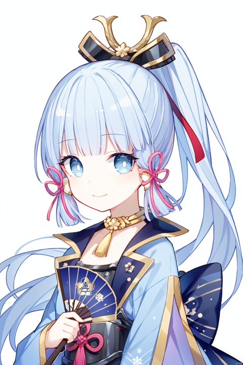  (best quality),(masterpiece),1girl, solo, kamisato_ayaka, blue_eyes, bangs, looking_at_viewer, hand_fan, ponytail, long_hair, holding, snowflakes, armor, smile, hair_ornament, blunt_bangs, white_background, ribbon, hair_ribbon, holding_fan, sidelocks, breastplate, japanese_clothes