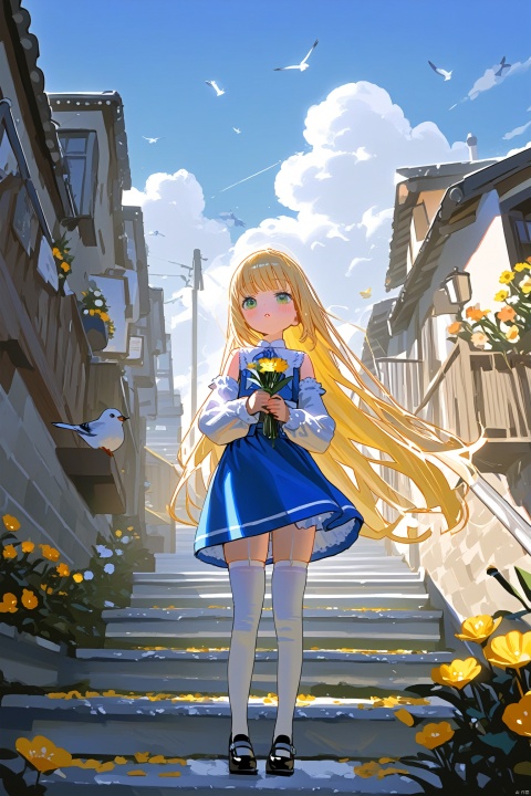 1girl, thighhighs, bird, solo, skirt, long_hair, blonde_hair, detached_sleeves, white_shirt, outdoors, shirt, long_sleeves, blue_skirt, sky, stairs, flower, puffy_sleeves, white_thighhighs, very_long_hair, cloud, blush, parted_lips, holding, yellow_flower, blue_eyes, building, standing, sleeveless, looking_at_viewer, animal, green_eyes, sleeveless_shirt