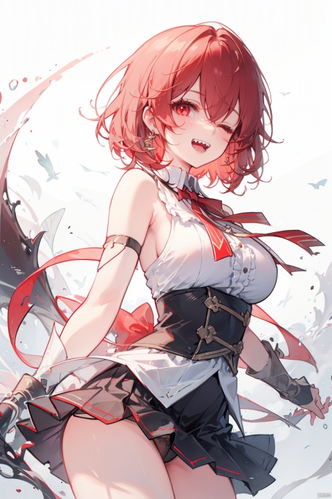  1girl, solo, best quality, white background, simple background, looking at viewer, smile, open mouth, sharp teeth, red eyes, hair between eyes, one eye closed, red hair, short hair, hair intakes, bangs, large breasts, black skirt, white shirt, sleeveless shirt, pleated skirt, side-tie panties, bare shoulders, ribbon, earrings, bridal gauntlets, miniskirt