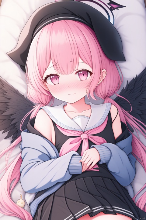  (masterpiece),(best quality),1girl, koharu \(blue archive\), solo, pink hair, wings, head wings, gun, neckerchief, blush, black wings, twintails, hat, skirt, halo, pink neckerchief, on back, looking at viewer, weapon, pink eyes, lying, off shoulder, sailor collar, black headwear, long sleeves, beret, rifle, shirt, collarbone, sleeves past wrists, bangs, feathered wings, black shirt, white sailor collar, school uniform, snail, long hair, breasts, book, single bare shoulder, nose blush, miniskirt, small breasts, bag