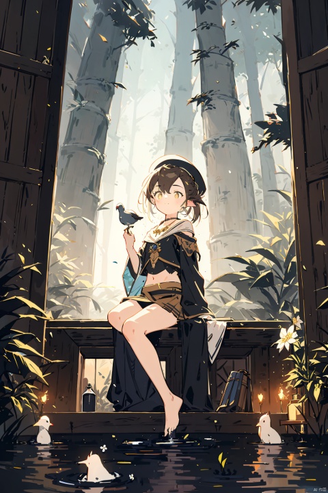  1girl, book, book_stack, bookshelf, brown_eyes, brown_hair, flask, hat, holding, indoors, looking_at_viewer, midriff, navel, necklace, round-bottom_flask, short_hair, skirt, smile, solo, window, yellow_skirt forest,nature,trees,dryad,antlers,pointy ears,flowers,active pose,full body,flower hair,bright color hair,glowing hair,divine,goddess,barefoot,doll face,upturned eyes,long eyelashes,animals,birds,sitting,(nude:0.5),looking away,((glowing water)),middle of a lake,flower bed,((wisps)),(night),petite
, zydink