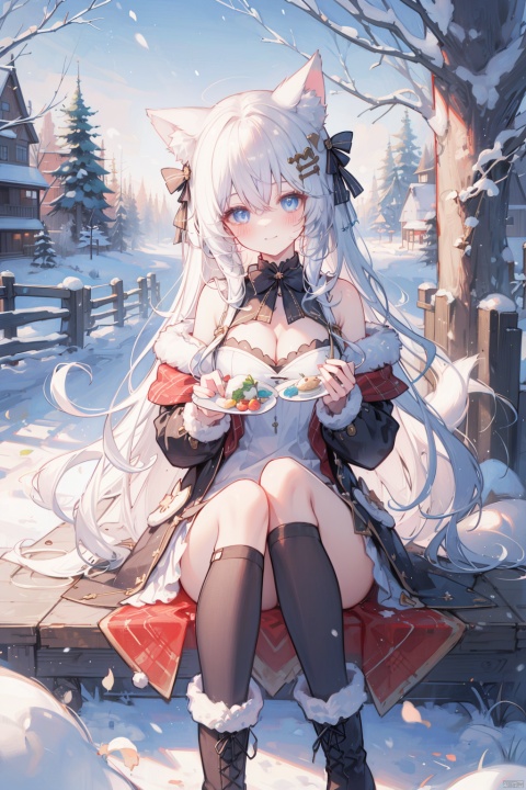  (best quality),(masterpiece),1girl, animal_ears, solo, snow, blue_eyes, breasts, long_hair, food, smile, fruit, outdoors, tree, bow, fur_trim, boots, closed_mouth, looking_at_viewer, hair_ornament, cleavage, very_long_hair, white_hair, blush, tail, long_sleeves, bare_shoulders, animal, hair_between_eyes, holding