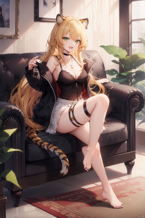 1girl, long hair, toenails, solo, toenail polish, very long hair, swire \(arknights\), animal ears, breasts, barefoot, green eyes, tiger ears, nail polish, feet, looking at viewer, tiger girl, tiger tail, toes, sitting, tail, blonde hair, smile, fang, open mouth, thigh strap, jacket, jewelry, green nails, indoors, absurdly long hair, legs, medium breasts, black choker, cleavage, choker, knee up, couch, necklace, full body, chair, :d