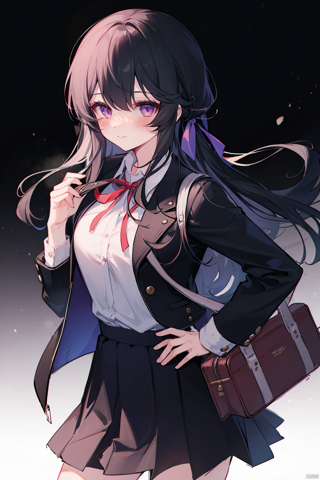 solo, 1girl, shirt, skirt, bag, pleated skirt, white shirt, ribbon, neck ribbon, black hair, smile, long hair, collared shirt, gradient background, jacket, looking at viewer, purple eyes, bow, school bag, school uniform, hair bow, closed mouth, red ribbon, open clothes, long sleeves, black skirt, blush, black background, open jacket, hand on own hip