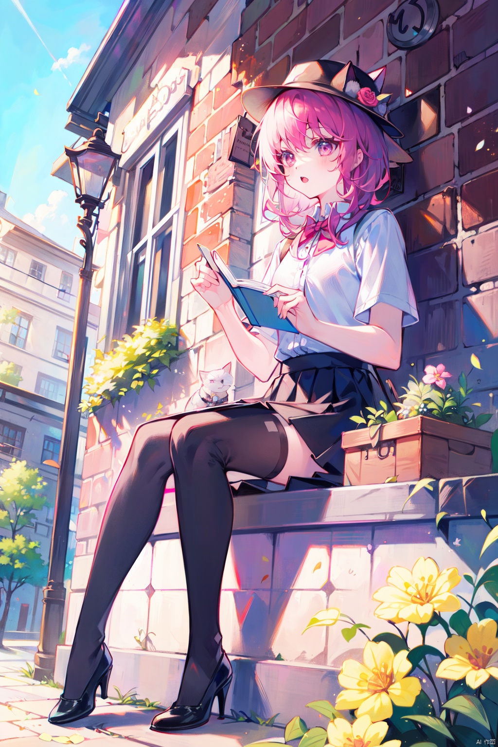  (best quality),(masterpiece),1girl, cat, thighhighs, skirt, hat, pink_hair, sitting, bag, flower, plant, short_sleeves, solo, shirt, brick_wall, black_thighhighs, white_shirt, food, window, cat_hat, black_skirt, holding, book, sign, outdoors, open_mouth
