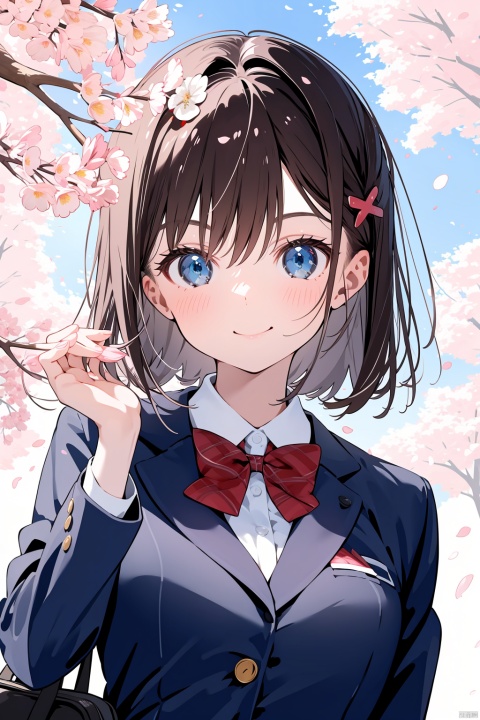  1girl, solo, blue eyes, smile, jacket, bow, school uniform, shirt, looking at viewer, upper body, collared shirt, brown hair, white shirt, cherry blossoms, bangs, blazer, long sleeves, blush, bowtie, red bow, closed mouth, black jacket, outdoors, breasts, hair ornament, medium hair, bag, red bowtie, pink flower, hair between eyes, medium breasts, flower, hands up