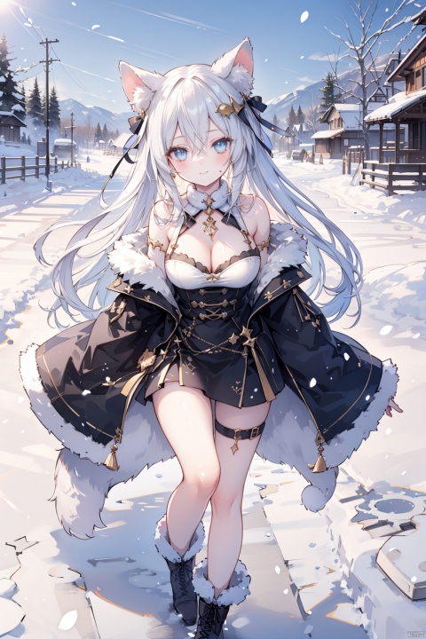  (best quality),(masterpiece),1girl, animal_ears, solo, snow, blue_eyes, breasts, long_hair, food, smile, fruit, outdoors, tree, bow, fur_trim, boots, closed_mouth, looking_at_viewer, hair_ornament, cleavage, very_long_hair, white_hair, blush, tail, long_sleeves, bare_shoulders, animal, hair_between_eyes, holding