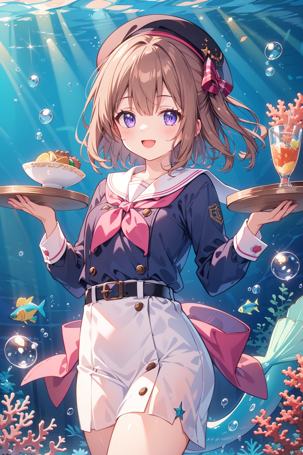  (best quality),(masterpiece),food, 1girl, underwater, hat, air_bubble, one_eye_closed, brown_hair, bubble, solo, plate, fish, holding, smile, blue_headwear, mermaid, purple_eyes, monster_girl, belt, chain, open_mouth, looking_at_viewer, coral, tray, ;d, neckerchief, sailor_collar, skirt, copyright_notice, company_name, long_sleeves, beret