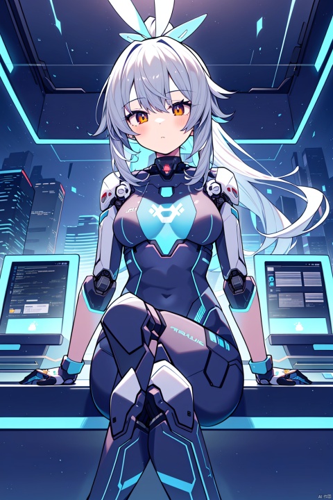  (best quality),(masterpiece),1girl, crossed legs, long hair, breasts, solo, sitting, barcode, ponytail, grey hair, barcode tattoo, android, cyberpunk, joints, medium breasts, bodysuit, bangs, robot joints