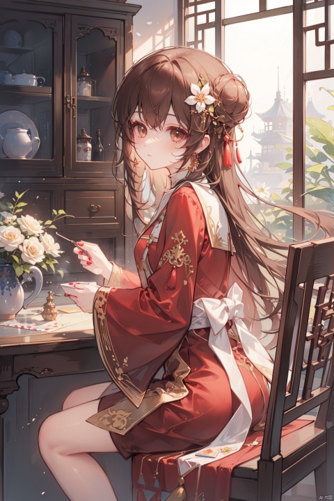  (best quality),(masterpiece),1girl, solo, flower, hair ornament, hair flower, dress, brown hair, red dress, candle, brown eyes, sitting, hair bun, jewelry, earrings, long sleeves, window, chinese clothes, table, from side, white flower, indoors, single hair bun, lattice, chair, round window, closed mouth, sidelocks, red nails, wide sleeves, nail polish, long hair, board game, tassel