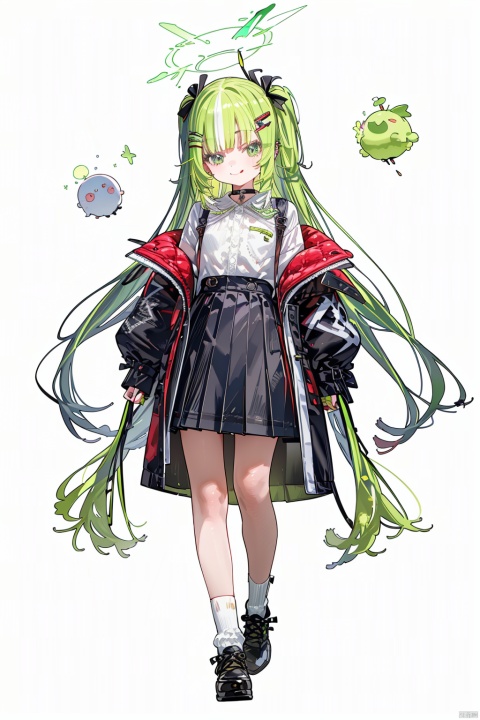  (best quality),(masterpiece),1girl, green eyes, halo, solo, multicolored hair, white background, holding, full body, long hair, green hair, simple background, black footwear, disposable cup, open clothes, skirt, very long hair, hair ornament, bangs, hairclip, long sleeves, smile, shoes, white shirt, holding cup, jacket, standing, shirt, looking at viewer, streaked hair, puffy long sleeves, choker, green skirt, closed mouth, open jacket, socks, black choker, puffy sleeves, collared shirt, cup, off shoulder, tongue out, white socks, black bow, pleated skirt, dress, green jacket, ponytail, one side up