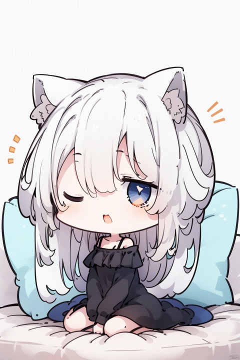 1girl, solo, long_hair, one_eye_closed, sitting, open_mouth, barefoot, wariza, animal_ears, shirt, white_hair, off_shoulder, breasts, long_sleeves, black_shirt, looking_at_viewer, bare_shoulders, pillow, very_long_hair