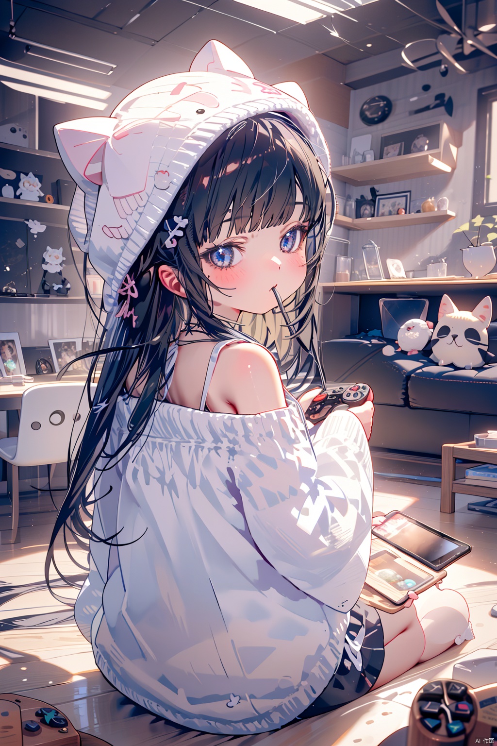  (best quality),(masterpiece),1girl, controller, game controller, solo, black hair, blue eyes, long hair, sitting, shirt, white shirt, looking at viewer, food in mouth, off shoulder, food, indoors, hood, holding controller, mouth hold, holding, animal hood, looking back, animal ears, holding game controller, hood up, blush, blurry, bare shoulders, from behind, playstation controller, game console, long sleeves, fake animal ears, cat hood, television, chair, blurry background, wooden floor, gamepad, depth of field, swivel chair