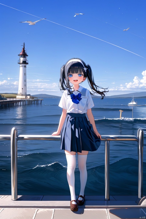  1girl, solo, best quality, detailed, looking at viewer, standing on liquid, blush, open mouth, upper teeth only, blue eyes, mole under eye, long hair, black hair, hair ornament, blunt bangs, twintails, hairband, white shirt, white thighhighs, blue skirt, collared shirt, hakama short skirt, pleated skirt, white legwear, short sleeves, outdoors, day, paper airplane, blue sky, mountain, railing, zettai ryouiki, blue bow, ocean, horizon, boat, beach, cloudy sky, lake, shore, earth \(planet\), seagull, pier, pool, lighthouse, waves, dock, mount fuji, river, :d, warship, space