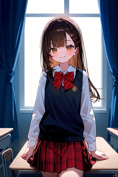 solo, 1girl, desk, skirt, brown hair, smile, curtains, shirt, indoors, red skirt, hair ornament, window, white shirt, looking at viewer, blush, long sleeves, school desk, school uniform, bow, closed mouth, long hair, sweater vest, brown eyes, red bow, pleated skirt, hairclip, collared shirt, bowtie, chair, x hair ornament, sunlight, classroom, backlighting, red bowtie