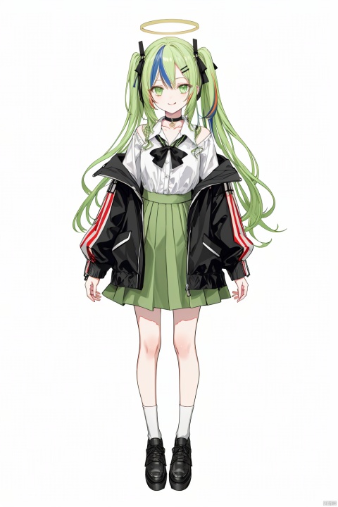  (best quality),(masterpiece),1girl, green eyes, halo, solo, multicolored hair, white background, holding, full body, long hair, green hair, simple background, black footwear, disposable cup, open clothes, skirt, very long hair, hair ornament, bangs, hairclip, long sleeves, smile, shoes, white shirt, holding cup, jacket, standing, shirt, looking at viewer, streaked hair, puffy long sleeves, choker, green skirt, closed mouth, open jacket, socks, black choker, puffy sleeves, collared shirt, cup, off shoulder, tongue out, white socks, black bow, pleated skirt, dress, green jacket, ponytail, one side up