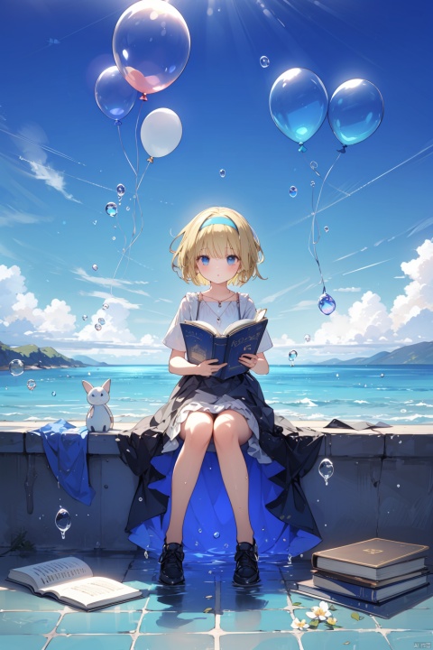 1girl, balloon, blonde hair, solo, sitting, bubble, short hair, book, blue theme, piano, dress, hairband, scenery, short sleeves, skirt, instrument, shoes, underwater, water, open book