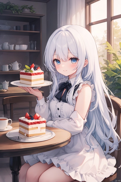 1girl, solo, cake, long_hair, dress, food, cup, table, sitting, holding, blue_eyes, flower, white_dress, teacup, long_sleeves, plant, tiered_tray, cake_slice, frills, smile, white_hair, holding_cup, bow, very_long_hair, closed_mouth