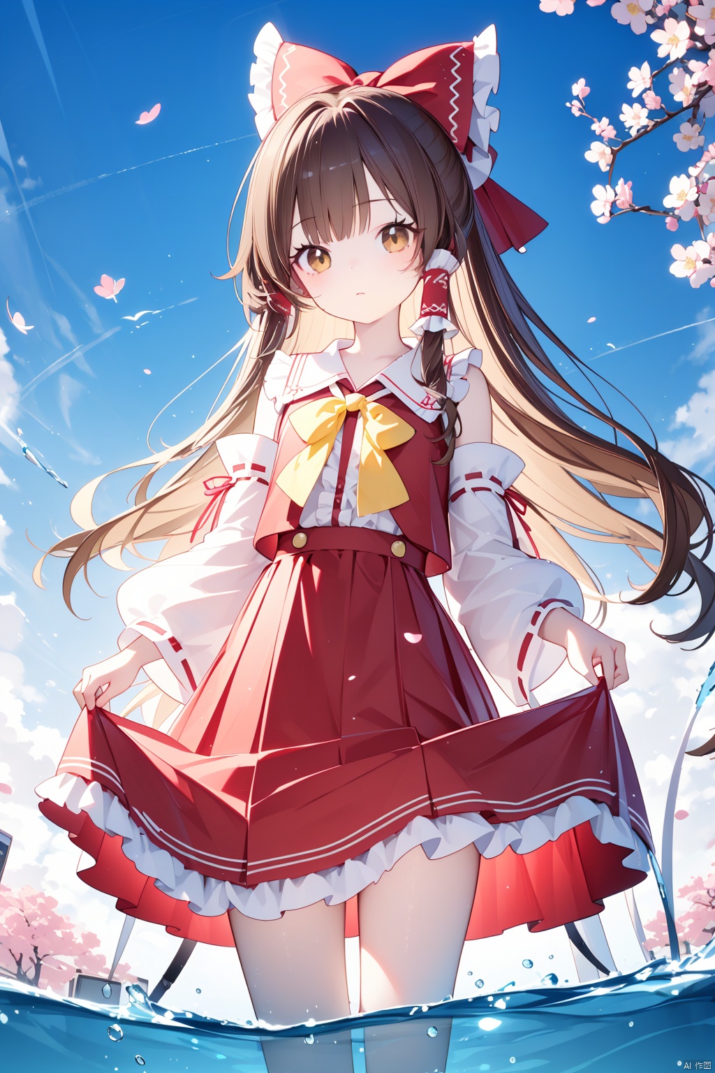 1girl, bow, solo, long hair, hakurei reimu, skirt, detached sleeves, red skirt, red bow, hair tubes, brown hair, hair bow, skirt hold, frills, yellow bow, yellow bowtie, frilled bow, wide sleeves, looking at viewer, bangs, ribbon trim, bowtie, brown eyes, wading, ribbon-trimmed sleeves, frilled hair tubes, cherry blossoms, closed mouth, sidelocks, water, shirt, red shirt, night