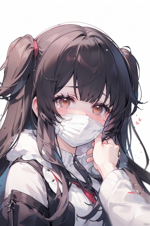  1girl, mayuzumi fuyuko, solo focus, best quality, messy hair, white background, simple background, upper body, looking at viewer, crying with eyes open, blush, brown eyes, black hair, long hair, two side up, blunt bangs, surgical mask, mask pull, white mask, long sleeves, fur trim, tearing up, pov hands