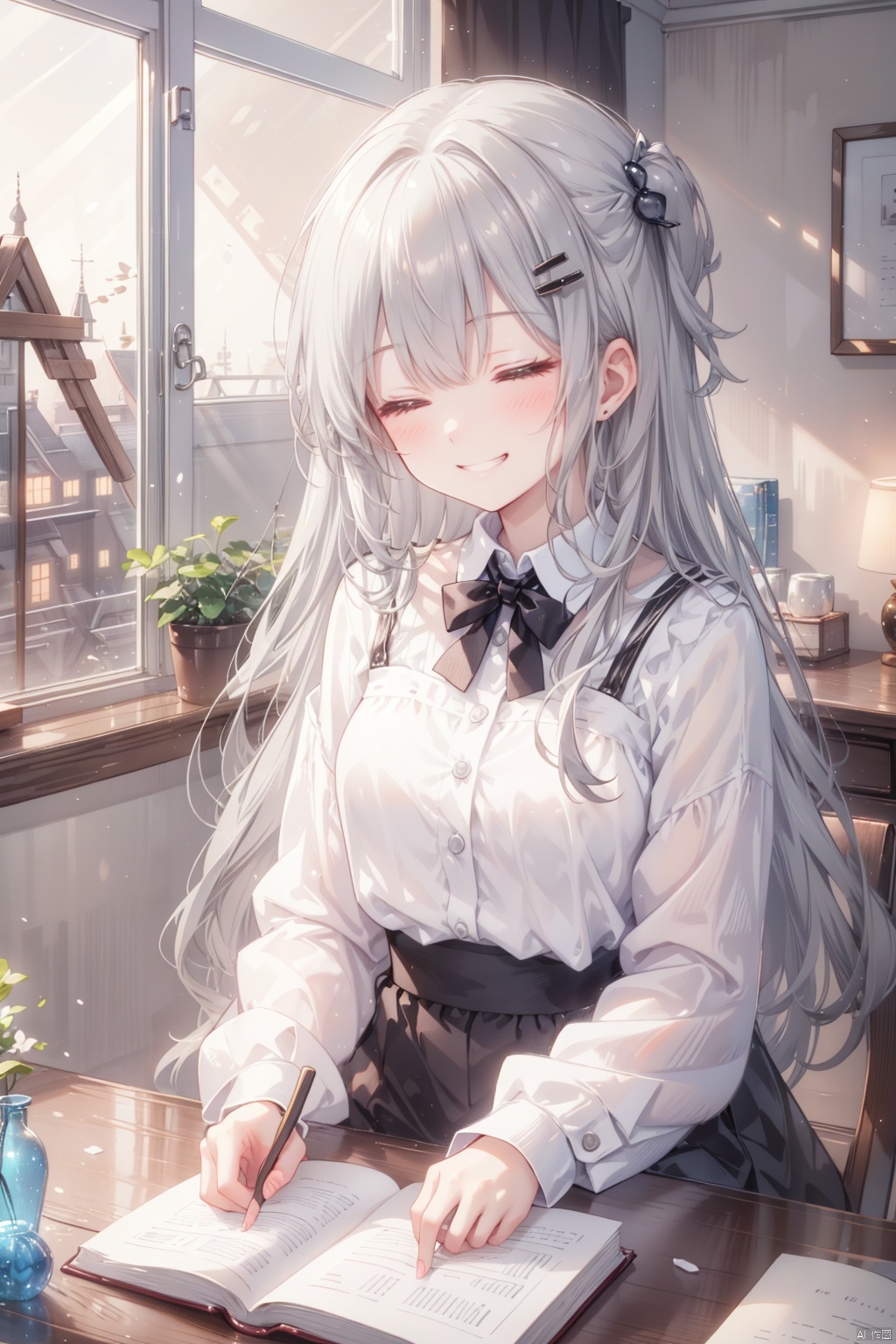 closed eyes, 1girl, solo, book, smile, long hair, indoors, hair ornament, window, long sleeves, open book, hairclip, curtains, shirt, desk, blush, sitting, jar, grin, bottle, grey hair