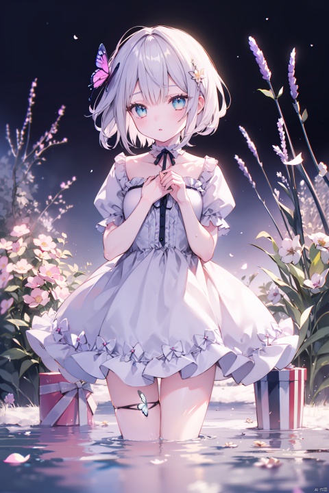  (best quality),(masterpiece),(masterpiece, best quality:1.2), illustration, absurdres, highres, extremely detailed, 1 girl, white short hair, eye highlights, dress, short puffy sleeves, frills, outdoors, flower, fluttering petals, full body, depth of field,chromatic aberration abuse,pastel color, Depth of field,garden of the sun,shiny,flowers, garden, 1girl, butterfly style, butterflies, ultra detailed, glary,Light, light particles,glitter,reflect,Put one hand on your chest,C4D,3D,bright,outdoors,gifts,candys,More details,flower ocean,winter,snowflakes,splashing water,falling petals,beautiful and delicate water,((beautiful eyes)),very delicate light,perfect and delicate limbs,nature,painting,water spray,fine luminescence,very fine 8K CG wallpaper,Lavender eyes,pink pupils,whole body,bright eyes,(an extremely delicate and beautiful girl:1.4),big eyes,eye highlights,watery eyes,looking_at_viewer,outdoors,look at the screen,Touching,
