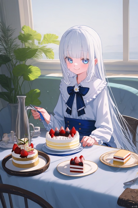1girl, solo, cake, long_hair, dress, food, cup, table, sitting, holding, blue_eyes, flower, white_dress, teacup, long_sleeves, plant, tiered_tray, cake_slice, frills, smile, white_hair, holding_cup, bow, very_long_hair, closed_mouth