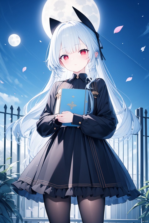  (masterpiece),(best quality),1girl, solo, red eyes, pantyhose, moon, holding, holding book, book, long hair, sky, white hair, outdoors, looking at viewer, long sleeves, full moon, blush, frills, petals, bangs, dress, black pantyhose, standing, fence, white dress, night, flower, cowboy shot, closed mouth