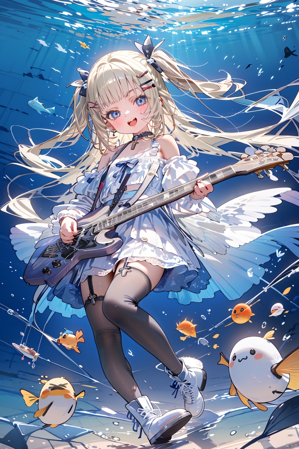 1girl, instrument, garter straps, blonde hair, thighhighs, underwater, white footwear, guitar, blue eyes, solo, dress, boots, long hair, white dress, black thighhighs, bubble, holding instrument, air bubble, smile, open mouth, knee boots, full body, playing instrument, looking at viewer, electric guitar, holding, cross-laced footwear, hair ornament, bare shoulders, bass guitar, music, detached sleeves, :d, ribbon, teeth, fish, bow, hairclip, hair ribbon, choker, lace-up boots, two side up, upper teeth only, blush, coral