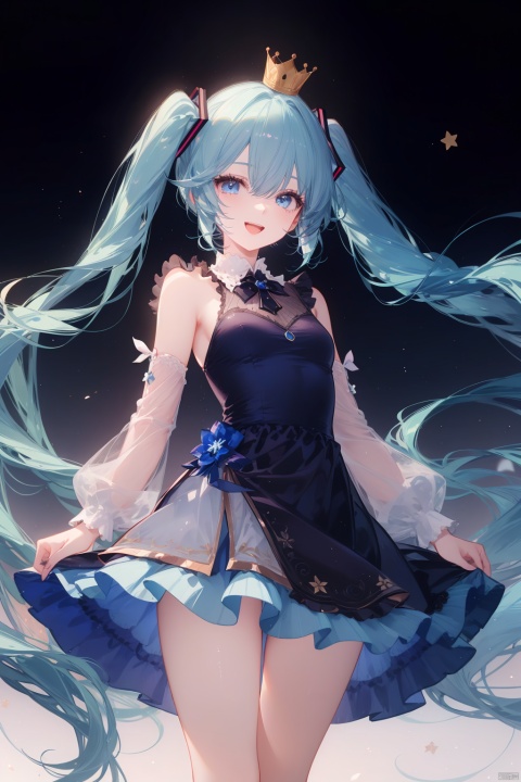 1girl, solo, long_hair, hatsune_miku, dress, white_dress, twintails, very_long_hair, open_mouth, crown, blue_hair, smile, star_\(symbol\), looking_at_viewer, blue_eyes, bare_legs, ribbon, floating_hair